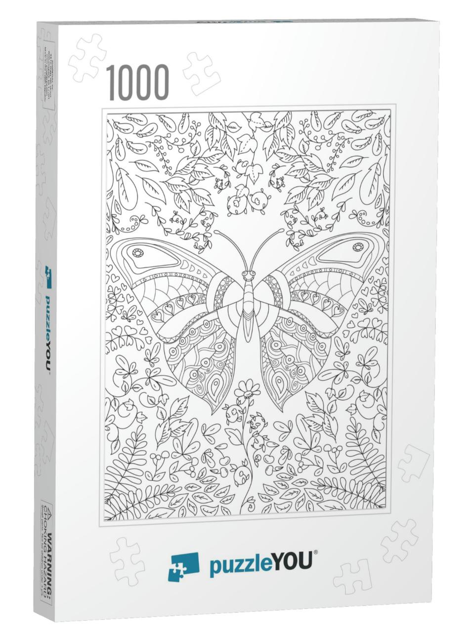 Coloring Book Page for Adult with Butterfly Flowers & Fol... Jigsaw Puzzle with 1000 pieces
