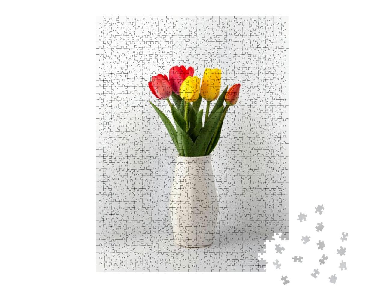 Bouquet of Red & Yellow Tulips Stands in a White Vase on... Jigsaw Puzzle with 1000 pieces