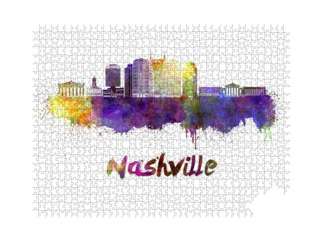 Nashville Skyline in Watercolor Splatters with Clipping P... Jigsaw Puzzle with 1000 pieces