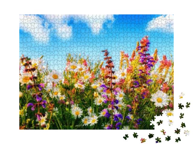 Colorful Spring Flowers on a Meadow in Panorama Format, w... Jigsaw Puzzle with 1000 pieces