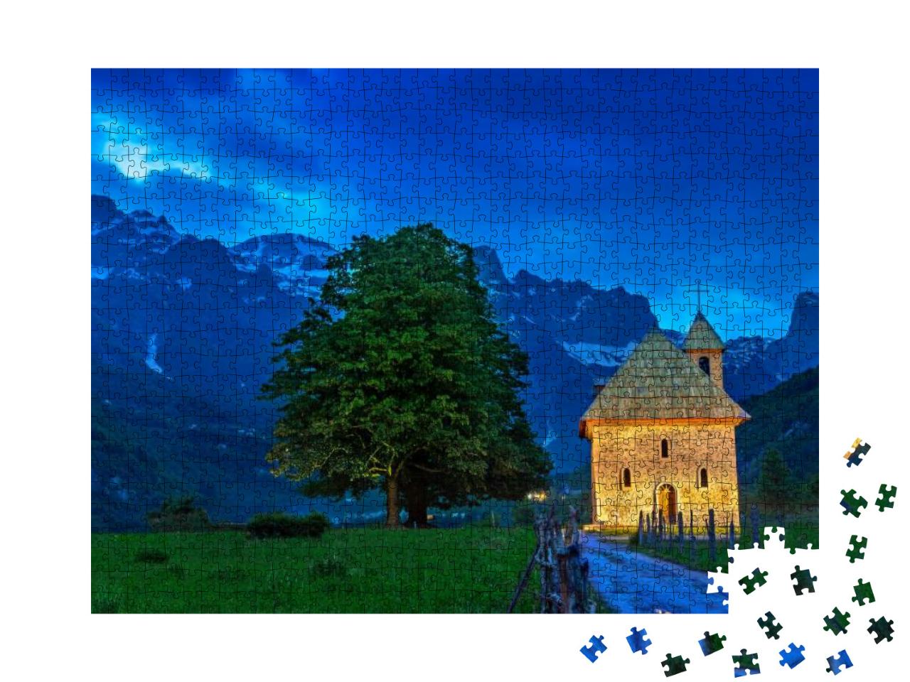 Church in the Thethi Village & Snow Capped Mountains, At... Jigsaw Puzzle with 1000 pieces
