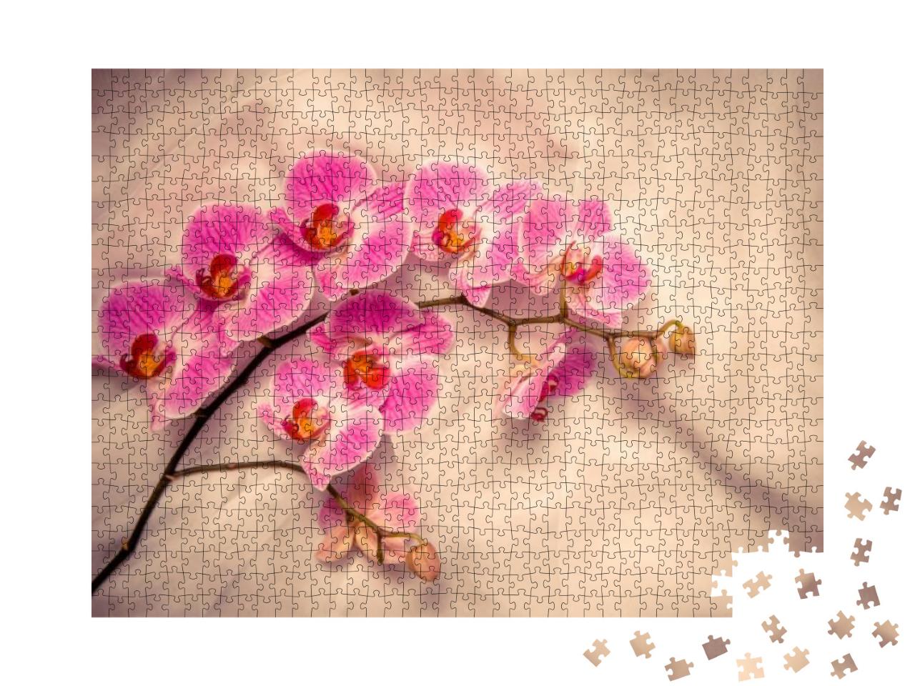 The Branch of Purple Orchids on White Fabric Background... Jigsaw Puzzle with 1000 pieces