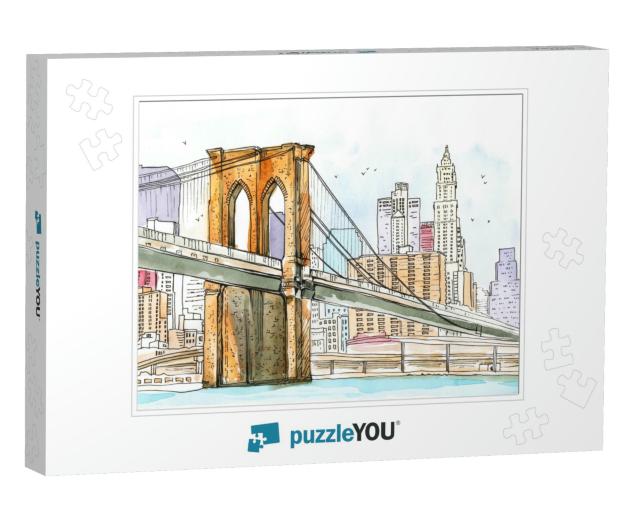 Brooklyn Bridge in New York, Watercolor Sketch Hand Drawi... Jigsaw Puzzle