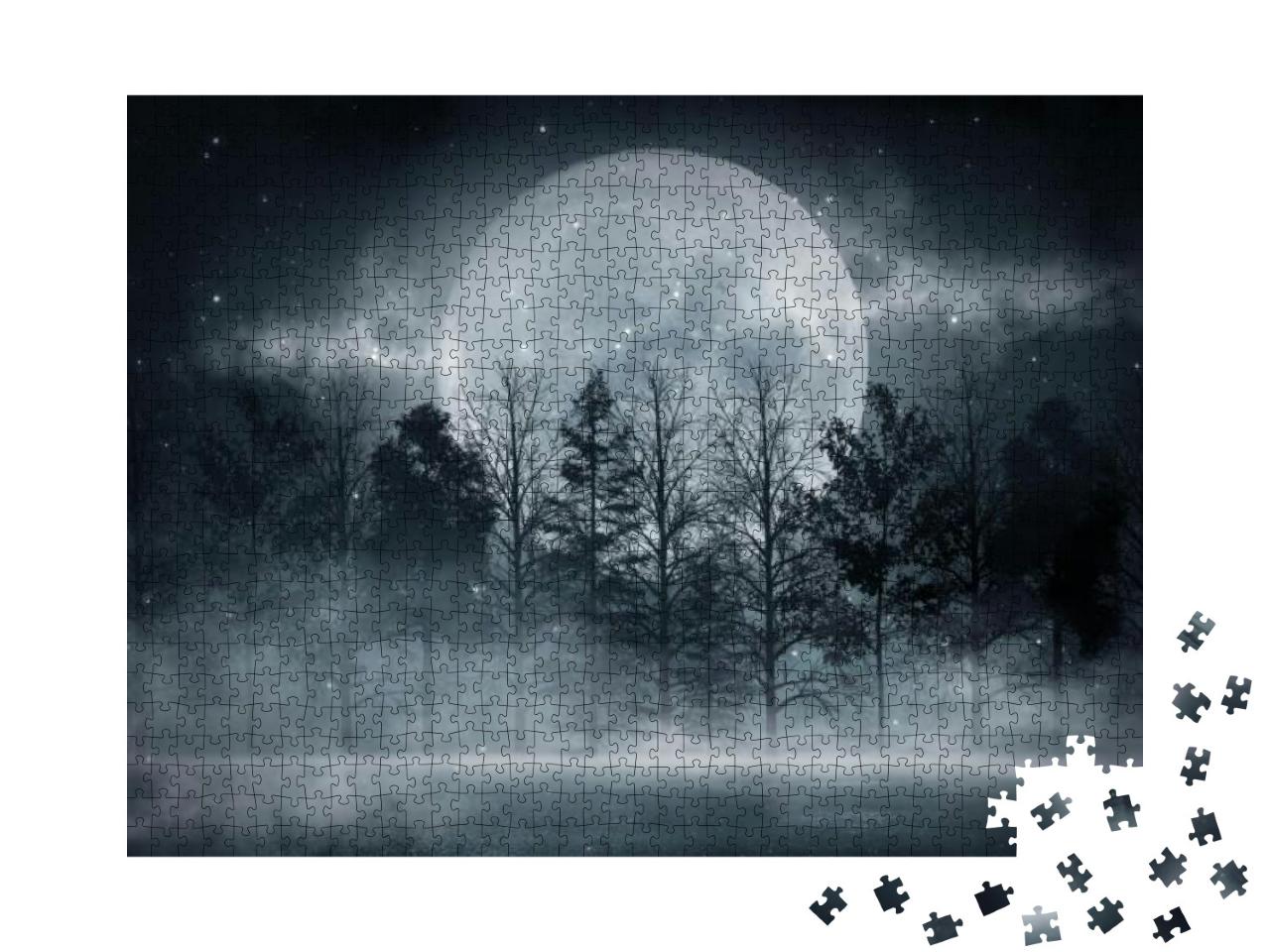 Dark Forest. Gloomy Dark Scene with Trees, Big Moon, Moon... Jigsaw Puzzle with 1000 pieces