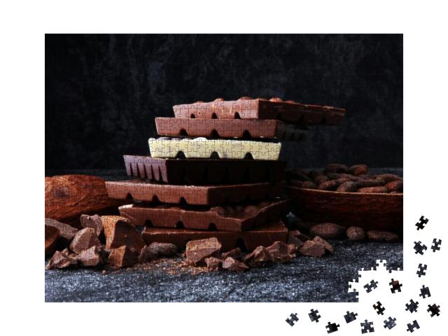 Chocolate Bars on Dark Background with Chocolate Tower... Jigsaw Puzzle with 1000 pieces