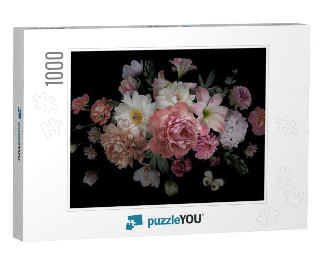 Luxurious Baroque Bouquet. Beautiful Garden Flowers, Leav... Jigsaw Puzzle with 1000 pieces