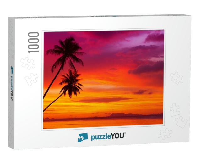 Two Palm Trees Silhouette on Sunset Tropical Beach... Jigsaw Puzzle with 1000 pieces