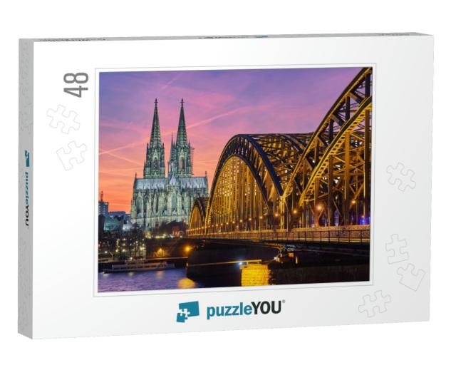 Cologne Cathedral & Hohenzollern Bridge At Sunset / Night... Jigsaw Puzzle with 48 pieces