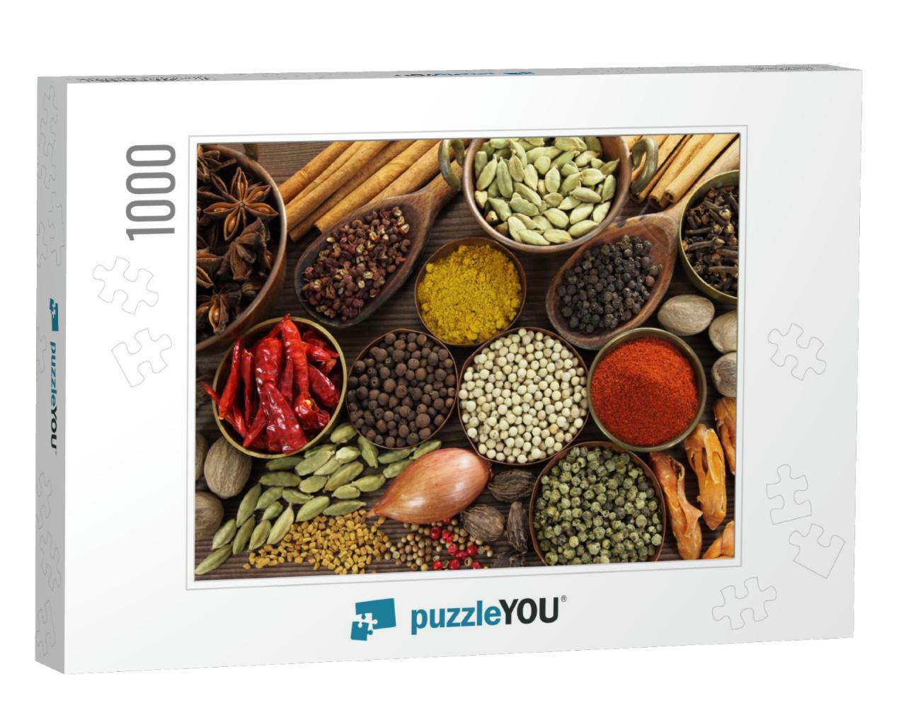 Spices & Herbs in Metal Bowls & Wooden Spoons. Food & Cui... Jigsaw Puzzle with 1000 pieces