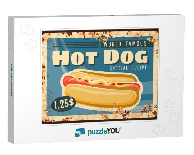 Hot Dog Fast Food Rusty Metal Plate, Vector Vintage Rust... Jigsaw Puzzle