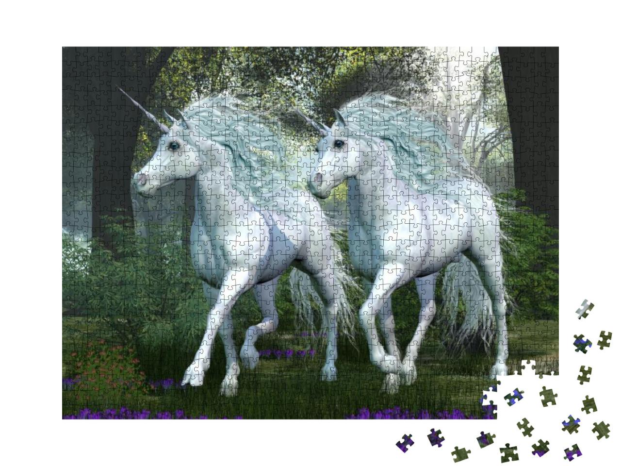 Unicorn Elm Forest - Two White Unicorns Prance Through an... Jigsaw Puzzle with 1000 pieces