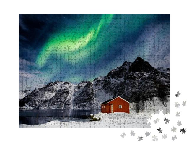Lofoten Islands, Svolvaer, Northern Lights Over a Frozen... Jigsaw Puzzle with 1000 pieces