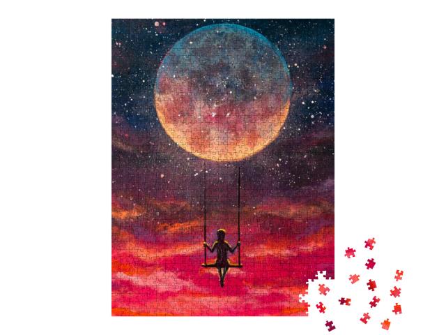Hand Painted Acrylic Painting Girl Guy Man Riding on Big... Jigsaw Puzzle with 1000 pieces
