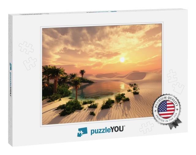 Oasis At Sunset in a Sandy Desert, a Panorama of the Dese... Jigsaw Puzzle