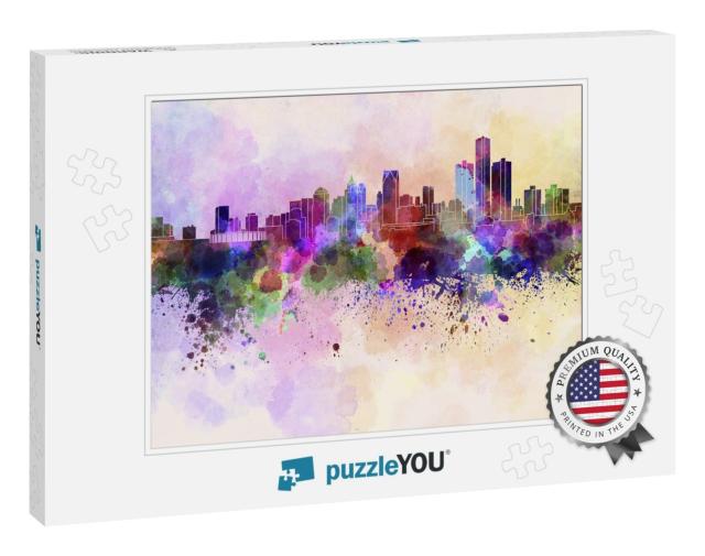 Detroit Skyline in Watercolor Background... Jigsaw Puzzle