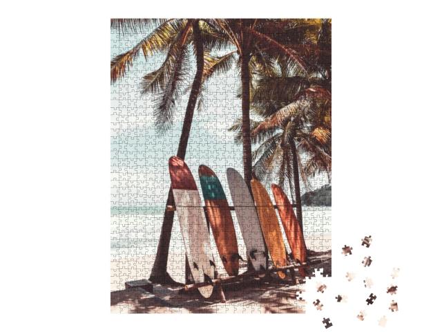 Surfboard & Palm Tree on Beach Background. Travel Adventu... Jigsaw Puzzle with 1000 pieces