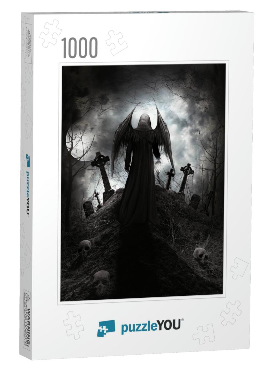 Gothic Scenery with Angel, Skulls & Tombstones. 3D Illust... Jigsaw Puzzle with 1000 pieces