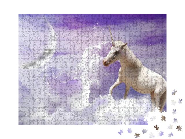 Magic Unicorn in Fantastic Sky with Fluffy Clouds & Cresc... Jigsaw Puzzle with 1000 pieces