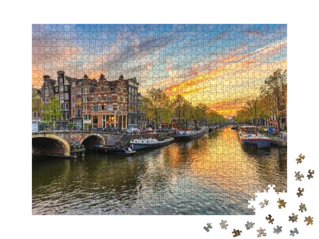 Amsterdam Sunset City Skyline At Canal Waterfront, Amster... Jigsaw Puzzle with 1000 pieces