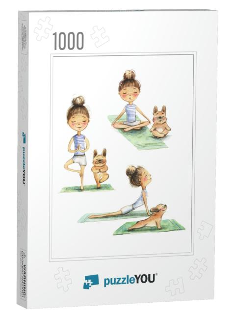 Cartoon Girl Doing Yoga with Her Dog French B... Jigsaw Puzzle with 1000 pieces