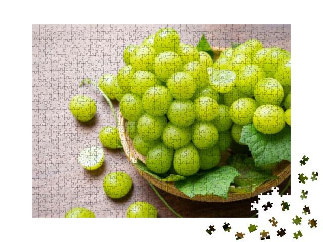 Green Grape in Bamboo Basket on Wooden Table in Garden, S... Jigsaw Puzzle with 1000 pieces