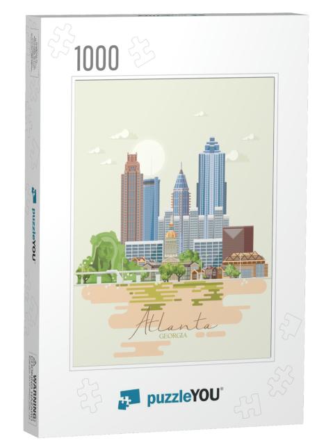 Georgia USA Postcard. Peach State Vector Poster. Travel Ba... Jigsaw Puzzle with 1000 pieces