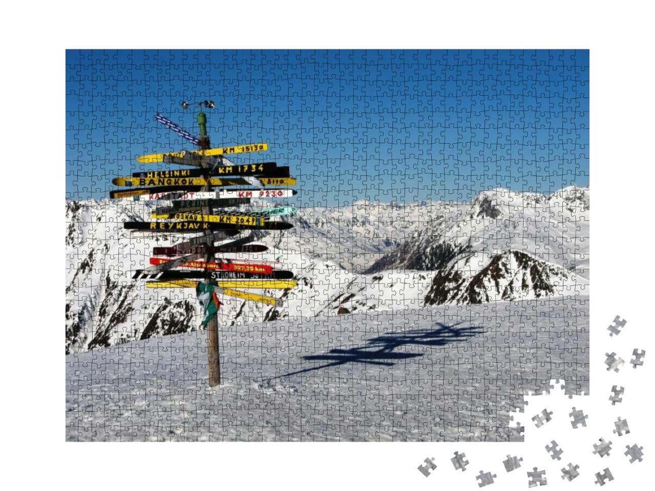 Crossroad Sign in the Alps Pointing to International Citi... Jigsaw Puzzle with 1000 pieces
