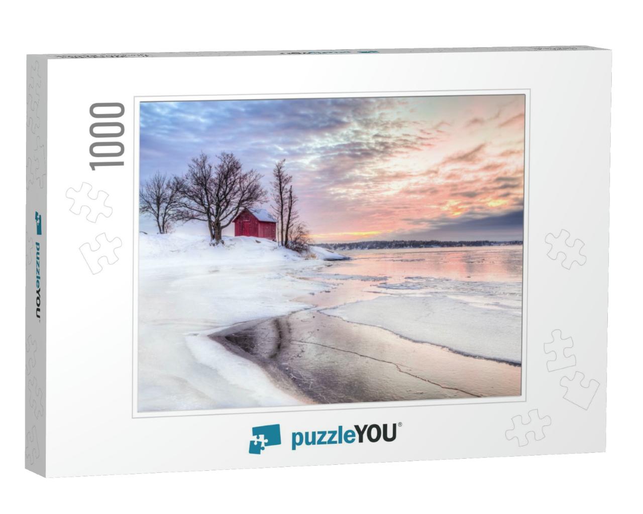 A Winter Photo of a Red Little Cottage with Some Trees in... Jigsaw Puzzle with 1000 pieces