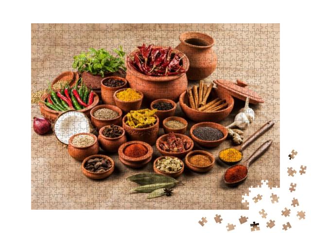 Indian Essential Spices in Terracotta Pots Arranged Over... Jigsaw Puzzle with 1000 pieces