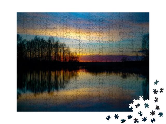 Sunset At Coast of the Lake. Nature Landscape. Nature in... Jigsaw Puzzle with 1000 pieces