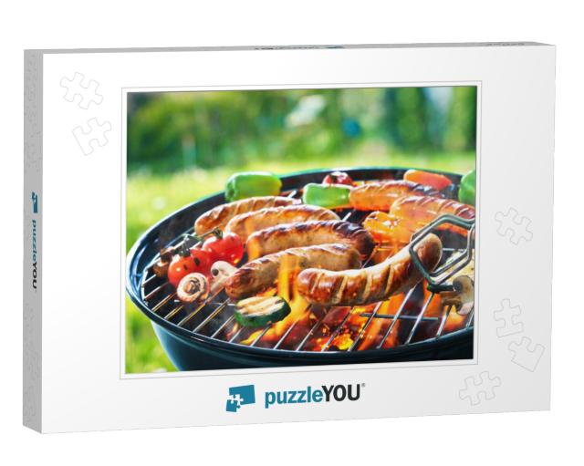 Grilled sausage on the picnic flaming grill Jigsaw Puzzle