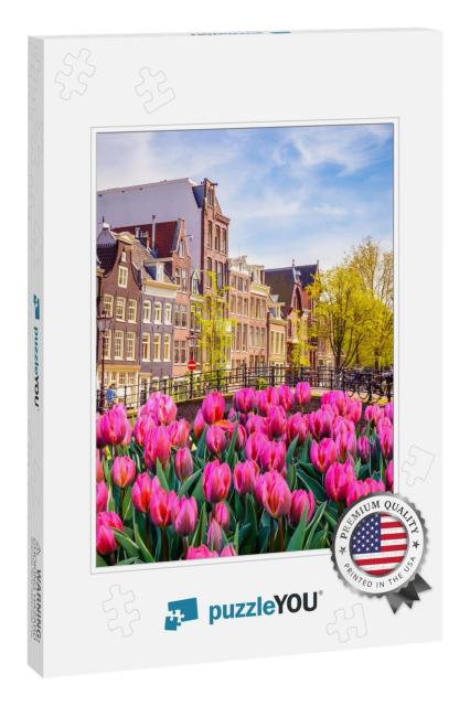 Traditional Old Buildings & Tulips in Amsterdam, Netherla... Jigsaw Puzzle