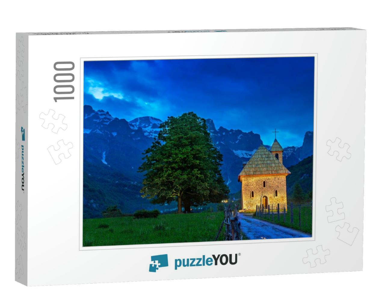 Church in the Thethi Village & Snow Capped Mountains, At... Jigsaw Puzzle with 1000 pieces