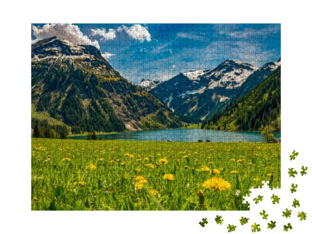Vilsalpsee in Spring with Flower Meadow & Mountains in Ba... Jigsaw Puzzle with 1000 pieces