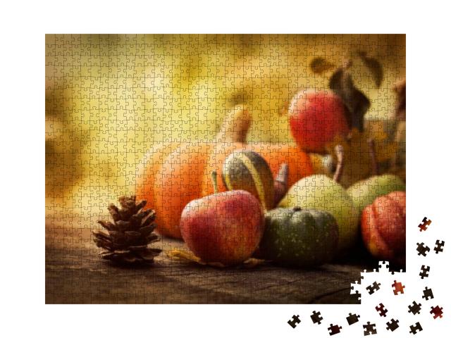 Autumn Nature Concept. Fall Fruit & Vegetables on Wood. T... Jigsaw Puzzle with 1000 pieces