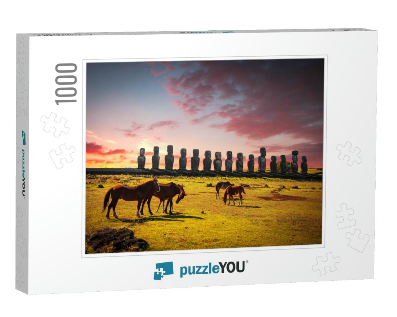 Horse on Easter Island At Sunset Walk Around Statues... Jigsaw Puzzle with 1000 pieces