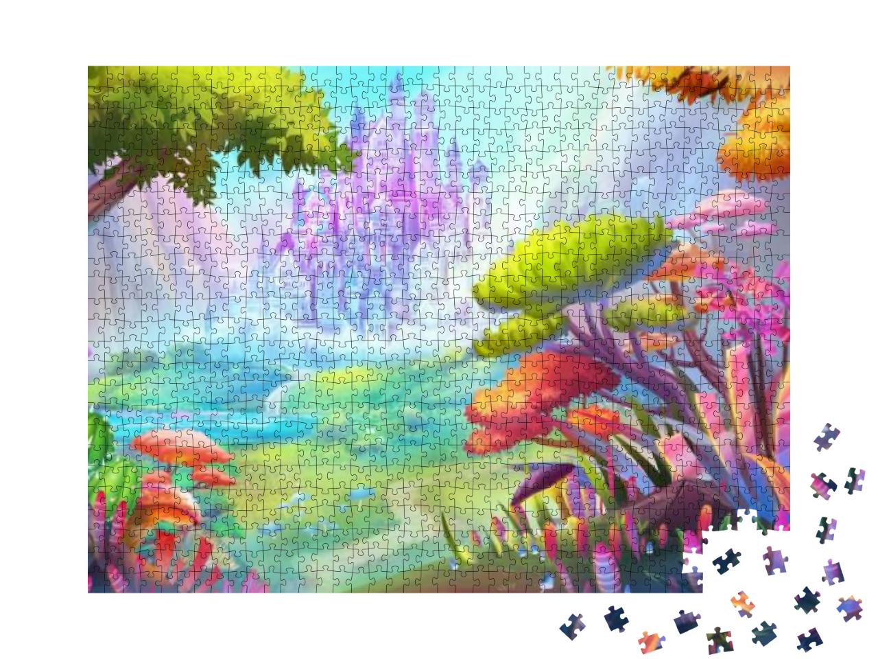 The Forest & Castle. Mountain & River. Fiction Backdrop... Jigsaw Puzzle with 1000 pieces