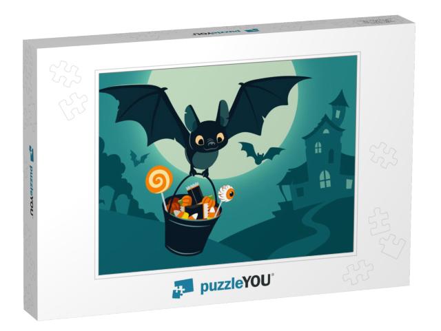 Vector Illustration of Nighttime Halloween Scene, Cute Ba... Jigsaw Puzzle