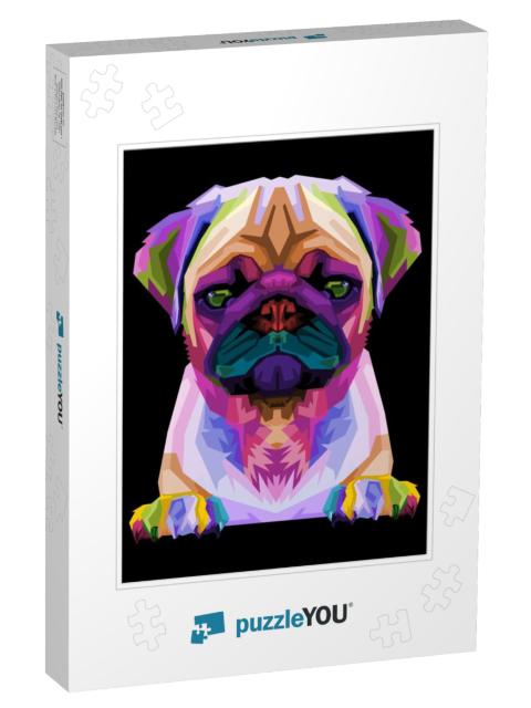 Cute Pug on Geometric Pop Art Style. Abstract Rainbow. Ve... Jigsaw Puzzle