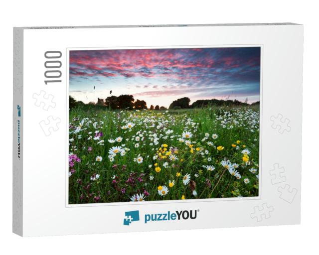 Many Summer Wildflowers on Meadow At Dramatic Pink Sunset... Jigsaw Puzzle with 1000 pieces