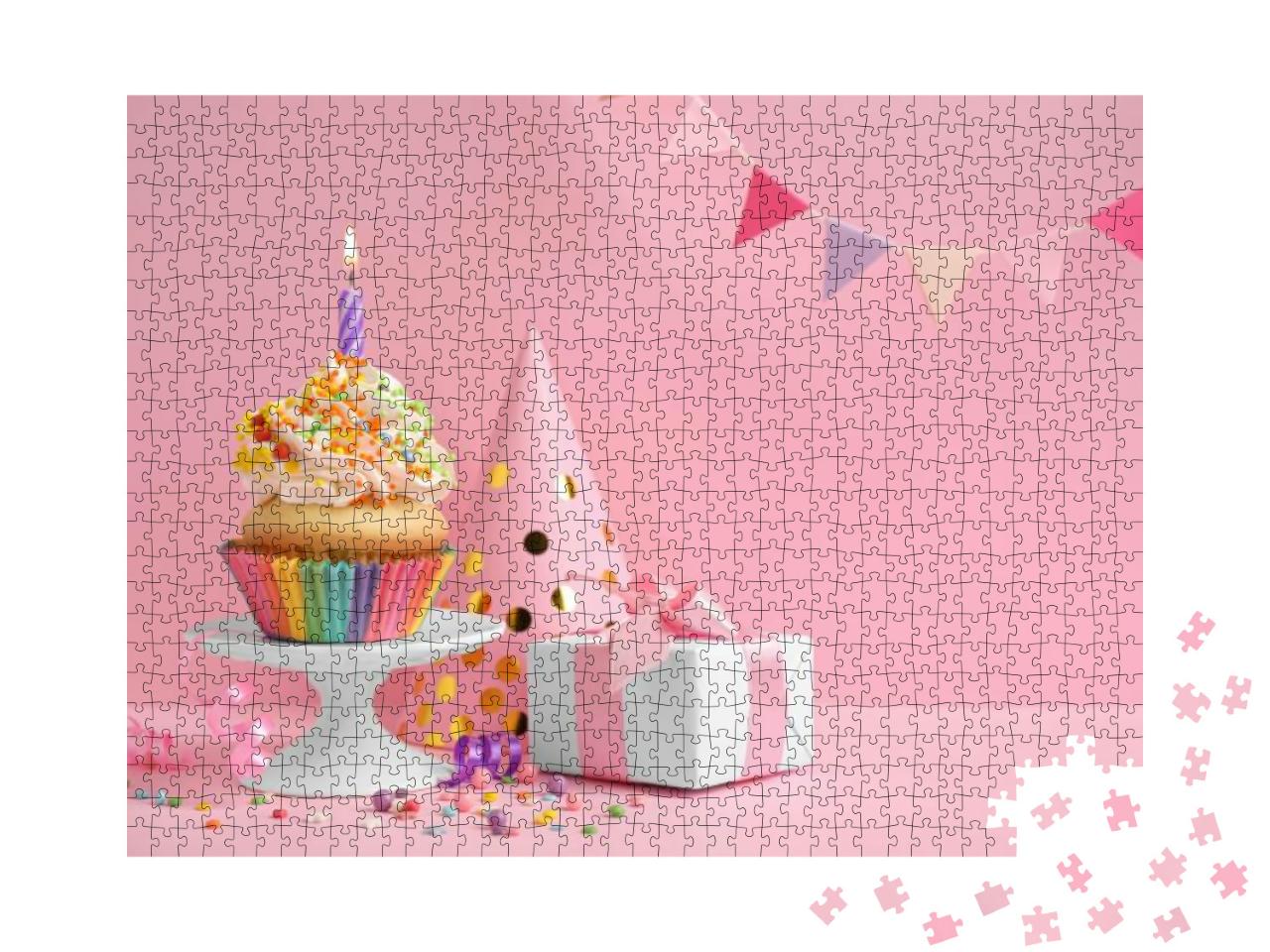 Composition with Birthday Cupcake on Pink Background... Jigsaw Puzzle with 1000 pieces