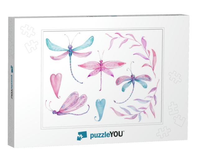 Watercolor Hand Draw Illustration Set with Pink An... Jigsaw Puzzle