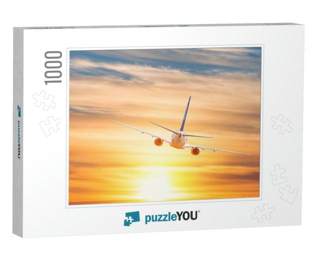 Airplane Flies Into the Sunset & Evening Clouds... Jigsaw Puzzle with 1000 pieces