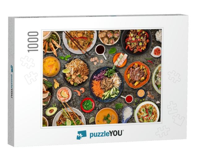 Asian Food Background with Various Ingredients on Rustic... Jigsaw Puzzle with 1000 pieces