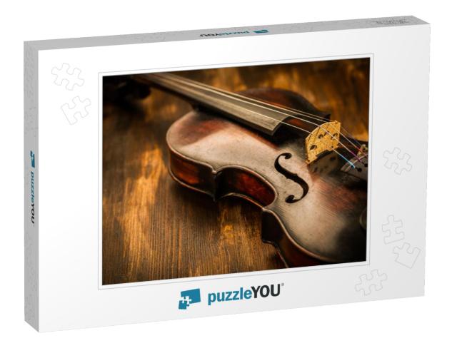 Violin in Vintage Style on Wood Background... Jigsaw Puzzle