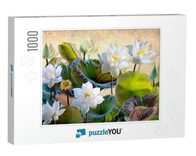 Digital Illustration of a Blooming White Lotus Flowers wi... Jigsaw Puzzle with 1000 pieces