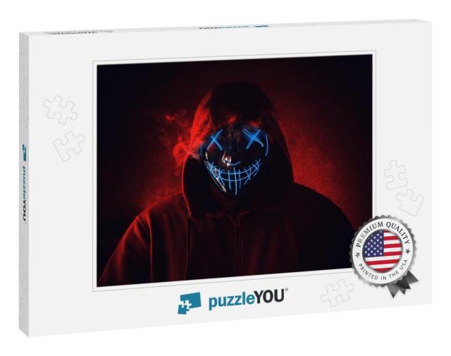 Man in Angry & Scary Lighting Neon Glow Mask in Hood on D... Jigsaw Puzzle