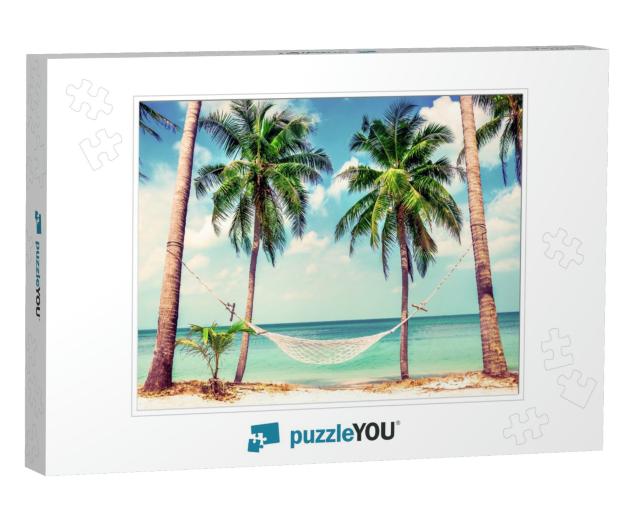 Beautiful Beach. Hammock Between Two Palm Trees on the Be... Jigsaw Puzzle