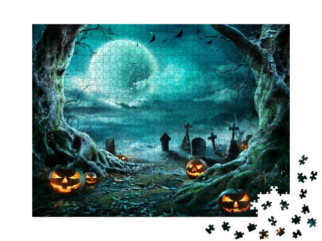 Jack O Lantern in Cemetery in Spooky Night with Full Moon... Jigsaw Puzzle with 1000 pieces