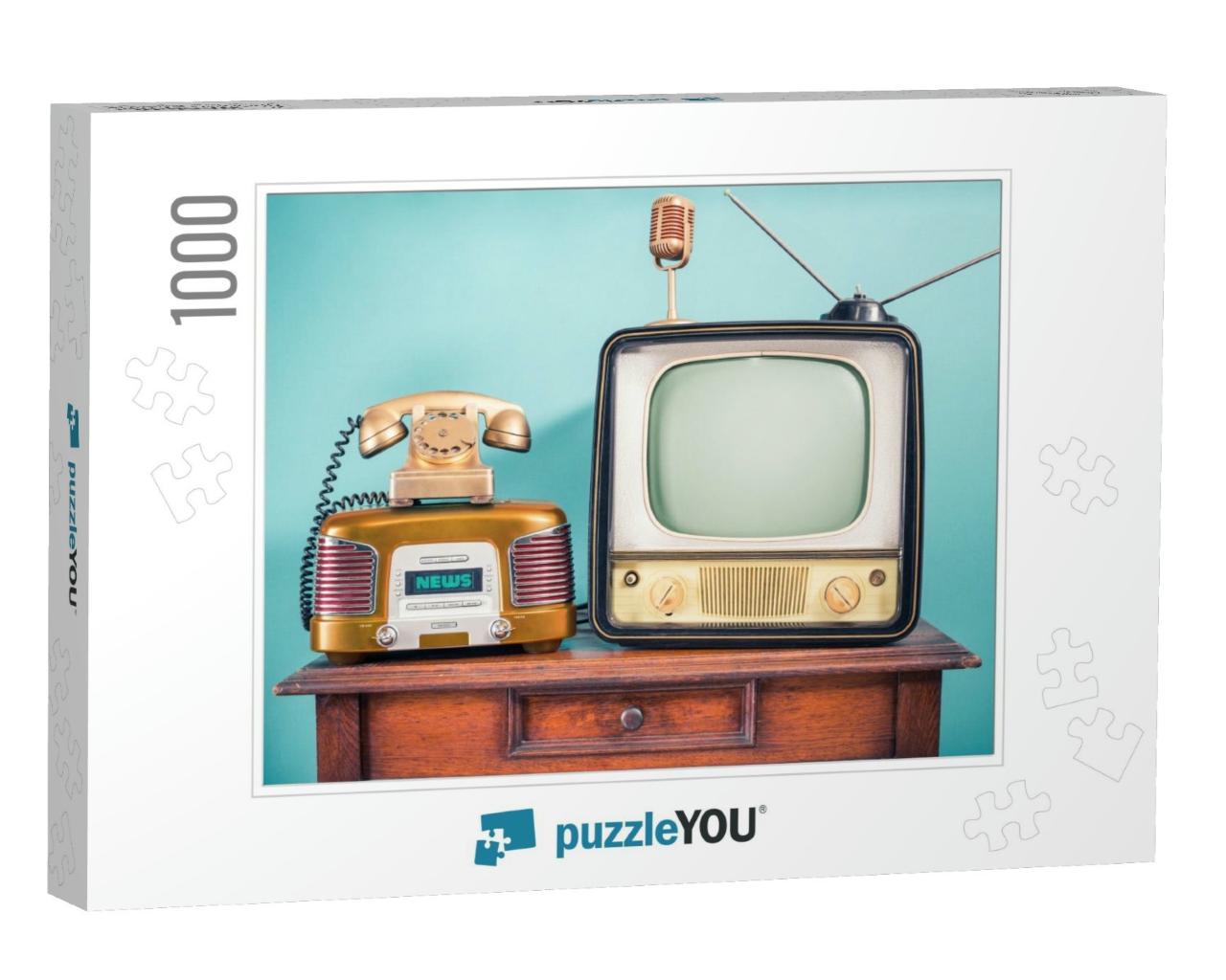 Retro Outdated Tv Set from 60s, Old Fm Radio, Golden Micr... Jigsaw Puzzle with 1000 pieces